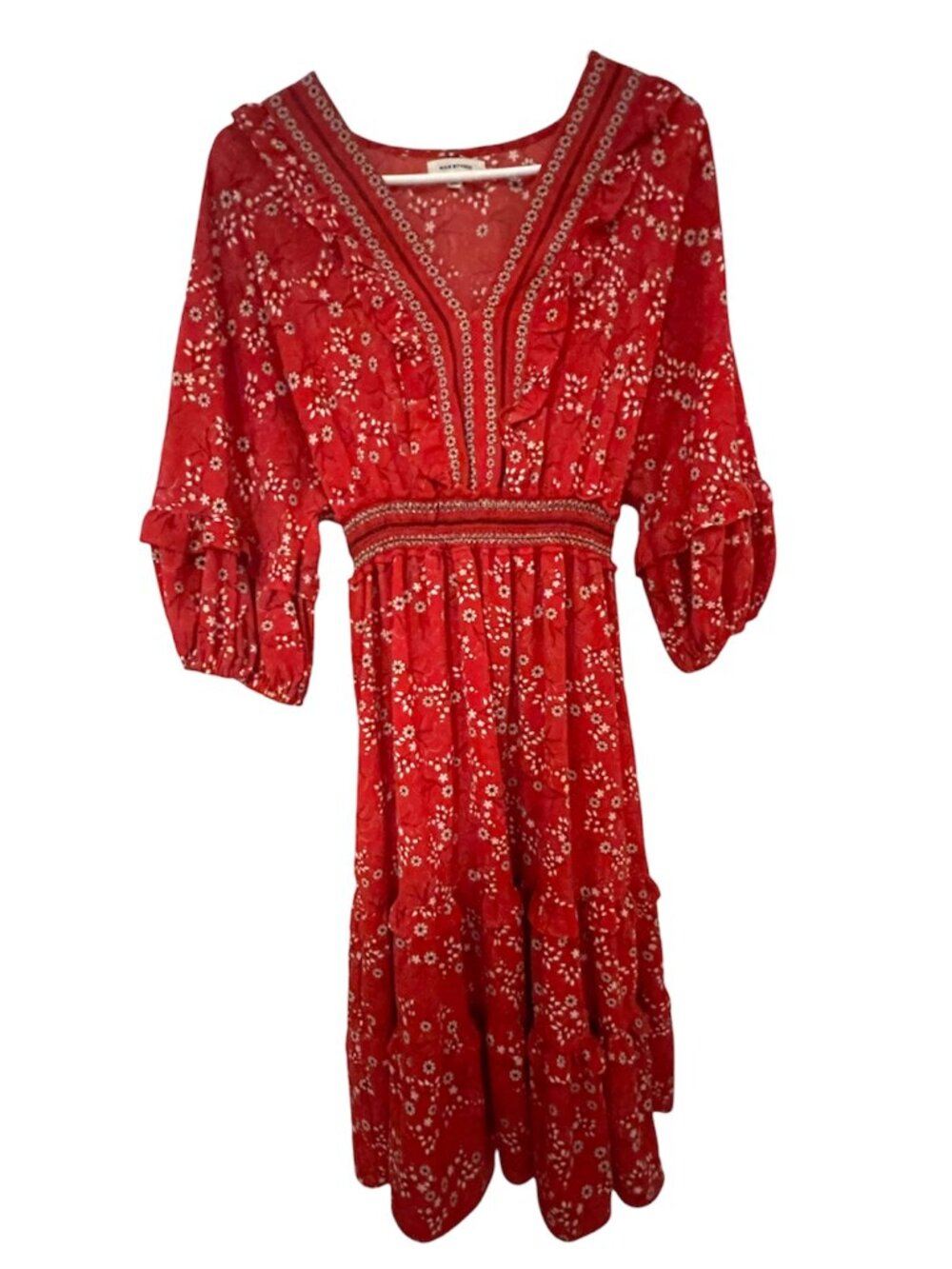 Max Studio Red Floral Flutter Short Sleeve Split Neck Maxi Dress